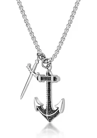 Stainless Steel Anchor & Sword Pendant With Black Cz And 24" Round Box Chain