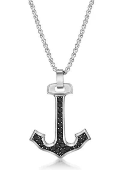 Stainless Steel Anchor Pendant With Black Cz And 24" Round Box Chain