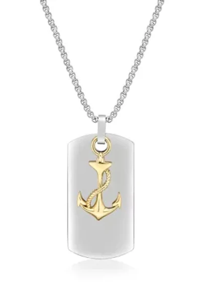 Stainless Steel Dog Tag Pendant With Gold Tone Ip And 24" Round Box Chain