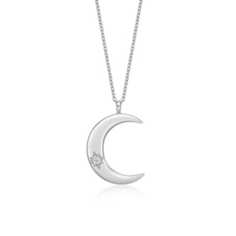 Lab Created Lab-Grown Diamond Accent Moon Pendant Necklace in Sterling Silver