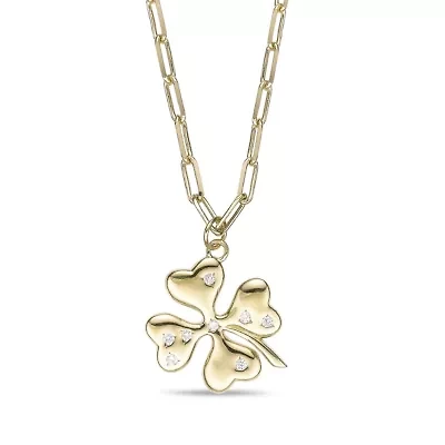 Lab Created 18k Gold Plated Sterling Silver Lab Grown Diamond Accent Four Leaf Clover Pendant Necklace