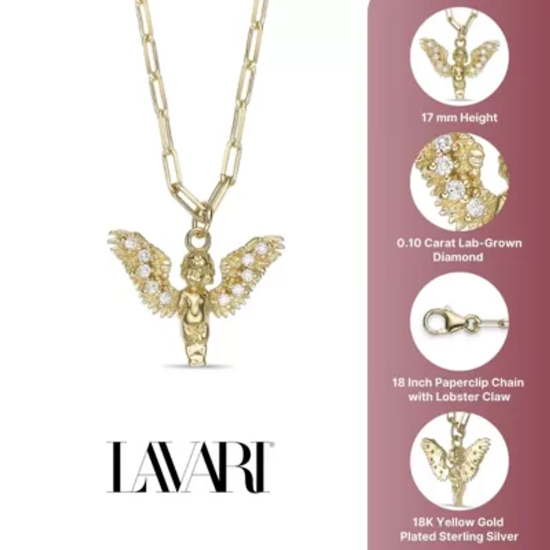 Lab Created 18k Gold Plated Sterling Silver 1/10 cttw. Lab Grown Diamond Angel Pendant Necklace