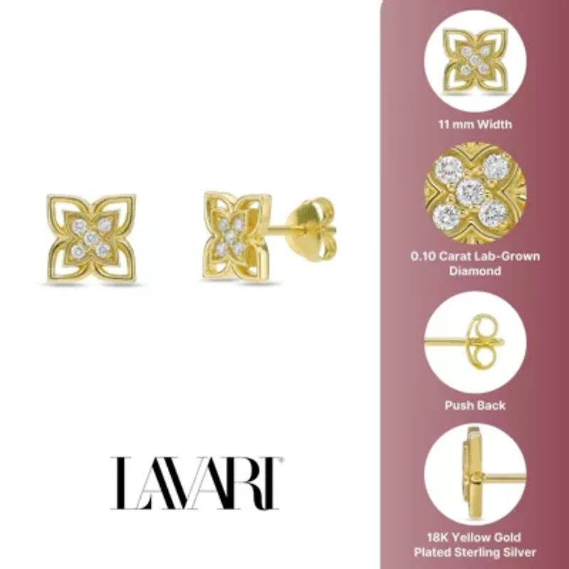 Lab Created 18k Gold Plated Silver 1/10 CTTW Lab Grown Diamond Floral Earrings