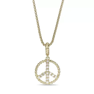 Lab Created 18k Gold Plated Sterling Silver 1/10 cttw. Lab Grown Diamond Peace Symbol Pendant - 18 Inch Box Chain Necklace