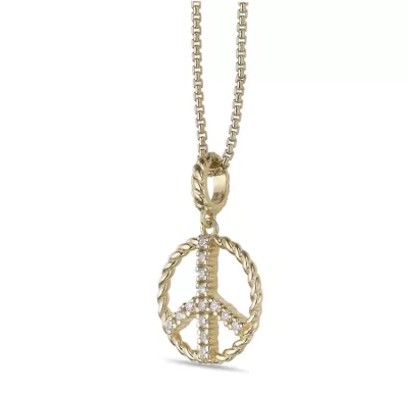 Lab Created 18k Gold Plated Sterling Silver 1/10 cttw. Lab Grown Diamond Peace Symbol Pendant - 18 Inch Box Chain Necklace