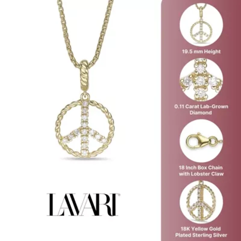 Lab Created 18k Gold Plated Sterling Silver 1/10 cttw. Lab Grown Diamond Peace Symbol Pendant - 18 Inch Box Chain Necklace