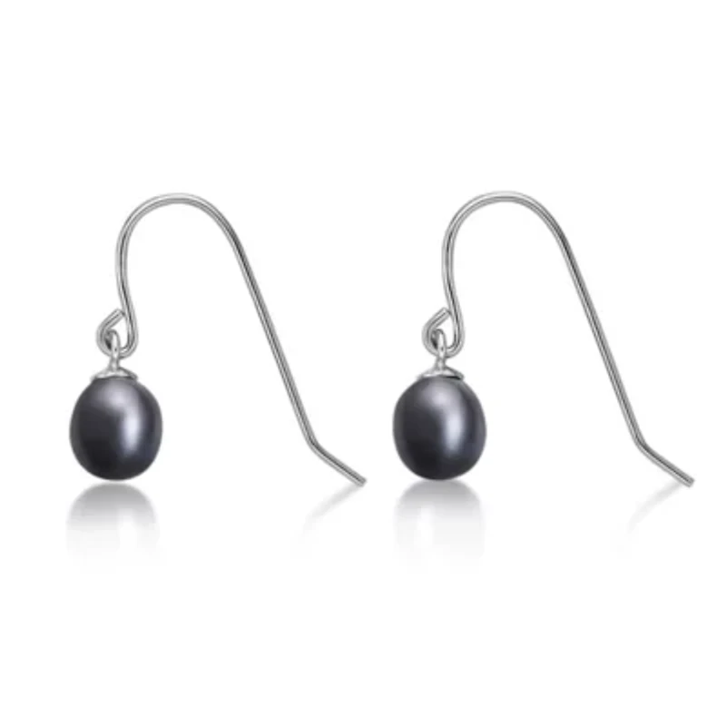 Sterling Silver Black Pearl Fish Hook Earrings