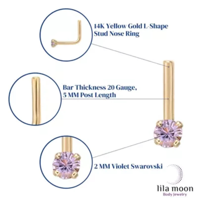 Lila Moon 90 Degree Purple Crystal Nose Stud in 14K Gold