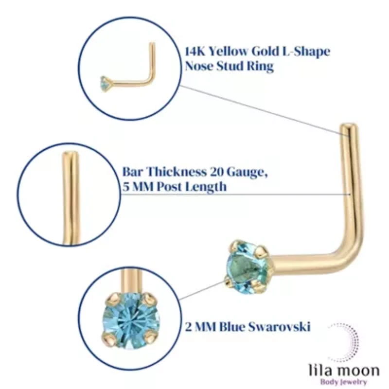 Lila Moon 90 Degree Crystal Nose Stud in 14K Gold