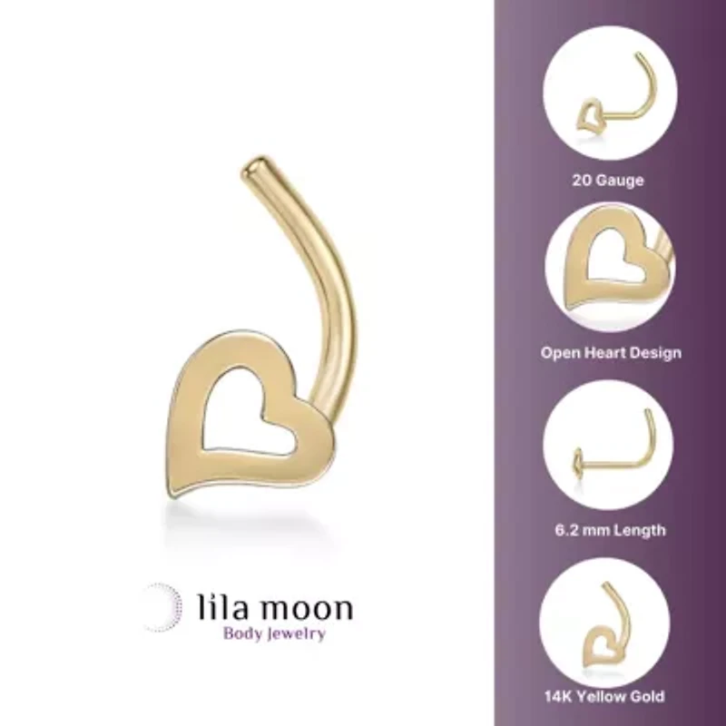 Lila Moon Heart Curved Nose Ring Stud in 14K Gold