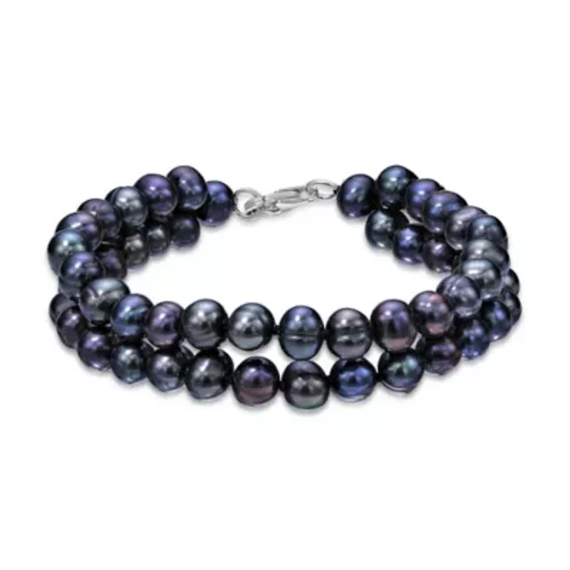 Sterling Silver 2-Rows Black Pearl Beaded Bracelet
