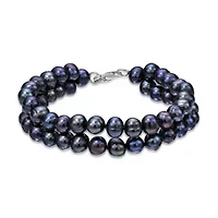 Sterling Silver 2-Rows Black Pearl Beaded Bracelet