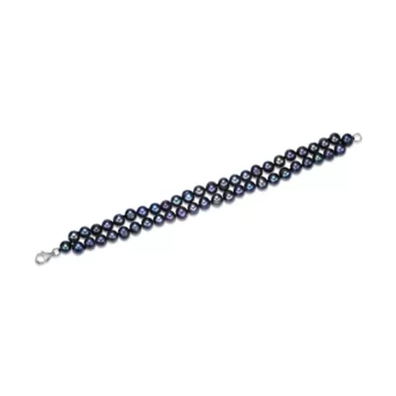 Sterling Silver 2-Rows Black Pearl Beaded Bracelet