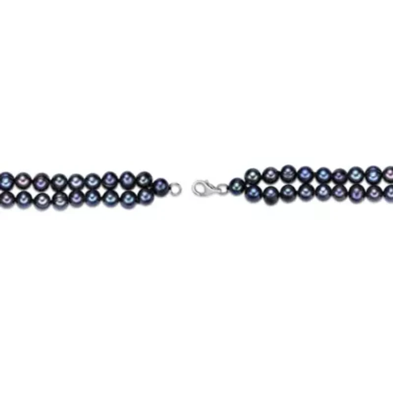 Sterling Silver 2-Rows Black Pearl Beaded Bracelet