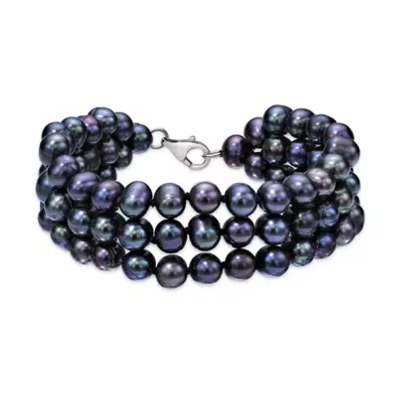 Sterling Silver 3-Rows Black Pearl Beaded Bracelet