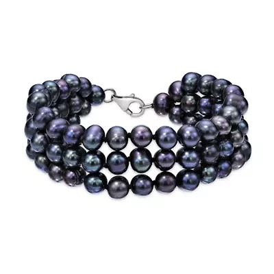 Sterling Silver 3-Rows Black Pearl Beaded Bracelet