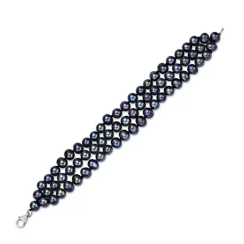 Sterling Silver 3-Rows Black Pearl Beaded Bracelet