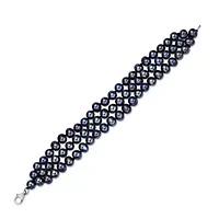 Sterling Silver 3-Rows Black Pearl Beaded Bracelet