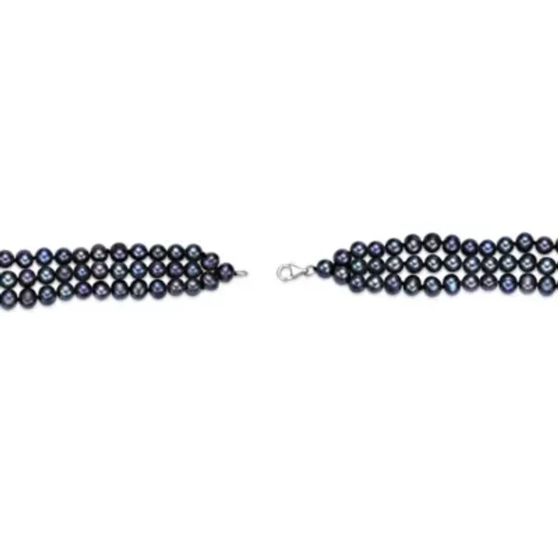 Sterling Silver 3-Rows Black Pearl Beaded Bracelet