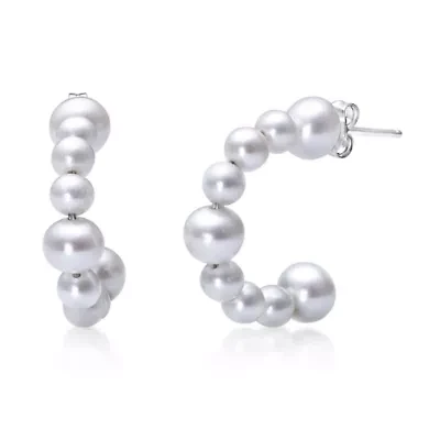 Sterling Silver Pearl Beaded Station Hoop Earrings