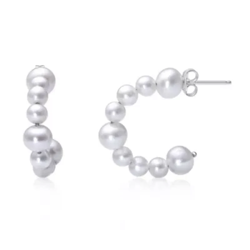Sterling Silver Pearl Beaded Station Hoop Earrings