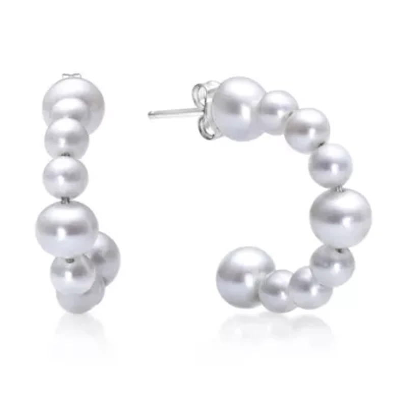 Sterling Silver Pearl Beaded Station Hoop Earrings