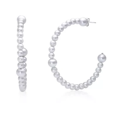 Sterling Silver Pearl Beaded Station Hoop Earrings