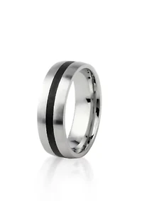 Men's Stainless Steel Ring with Black Resin Stripe