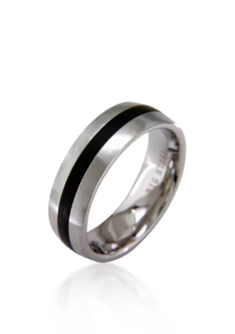 Men's Stainless Steel Ring with Black Resin Stripe