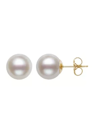 9-10 Millimeter AA Quality Round Cultured Freshwater Pearl Stud Earrings in 14k Yellow Gold