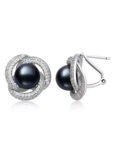 Lab Created Sterling Silver Black Freshwater Pearl and Lab-Created Sapphire Earrings