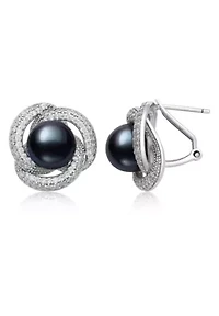 Lab Created Sterling Silver Black Freshwater Pearl and Lab-Created Sapphire Earrings