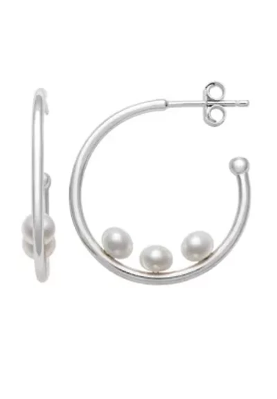 Sterling Silver Button-Shaped Freshwater Pearl Hoop Earrings 4mm