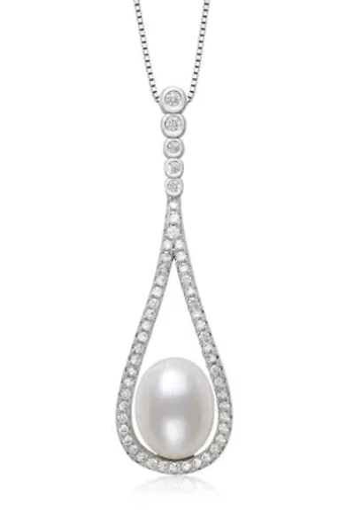 Lab Created Sterling Silver Freshwater Pearl and Lab-Created Sapphire Pendant