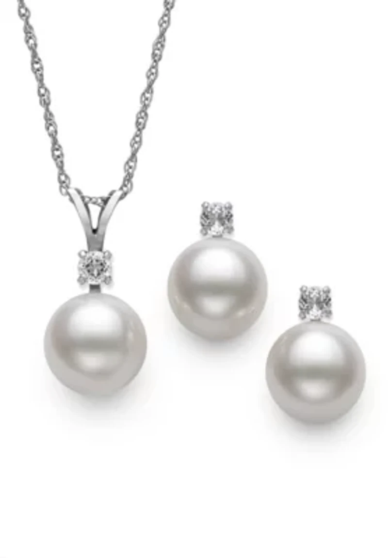 Lab Created White Topaz and Freshwater Pearl Sterling Silver Earring and Pendant Set 9–10mm