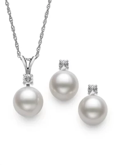 Lab Created White Topaz and Freshwater Pearl Sterling Silver Earring and Pendant Set 9–10mm