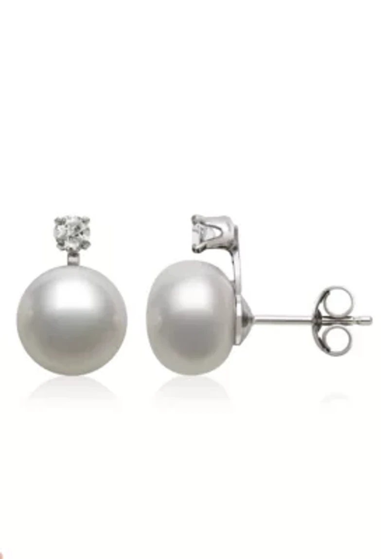Lab Created White Topaz and Freshwater Pearl Sterling Silver Earring and Pendant Set 9–10mm
