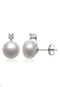 Lab Created White Topaz and Freshwater Pearl Sterling Silver Earring and Pendant Set 9–10mm