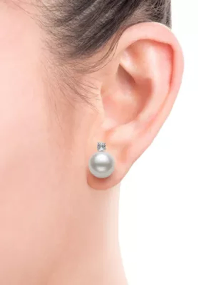 Lab Created White Topaz and Freshwater Pearl Sterling Silver Earring and Pendant Set 9–10mm