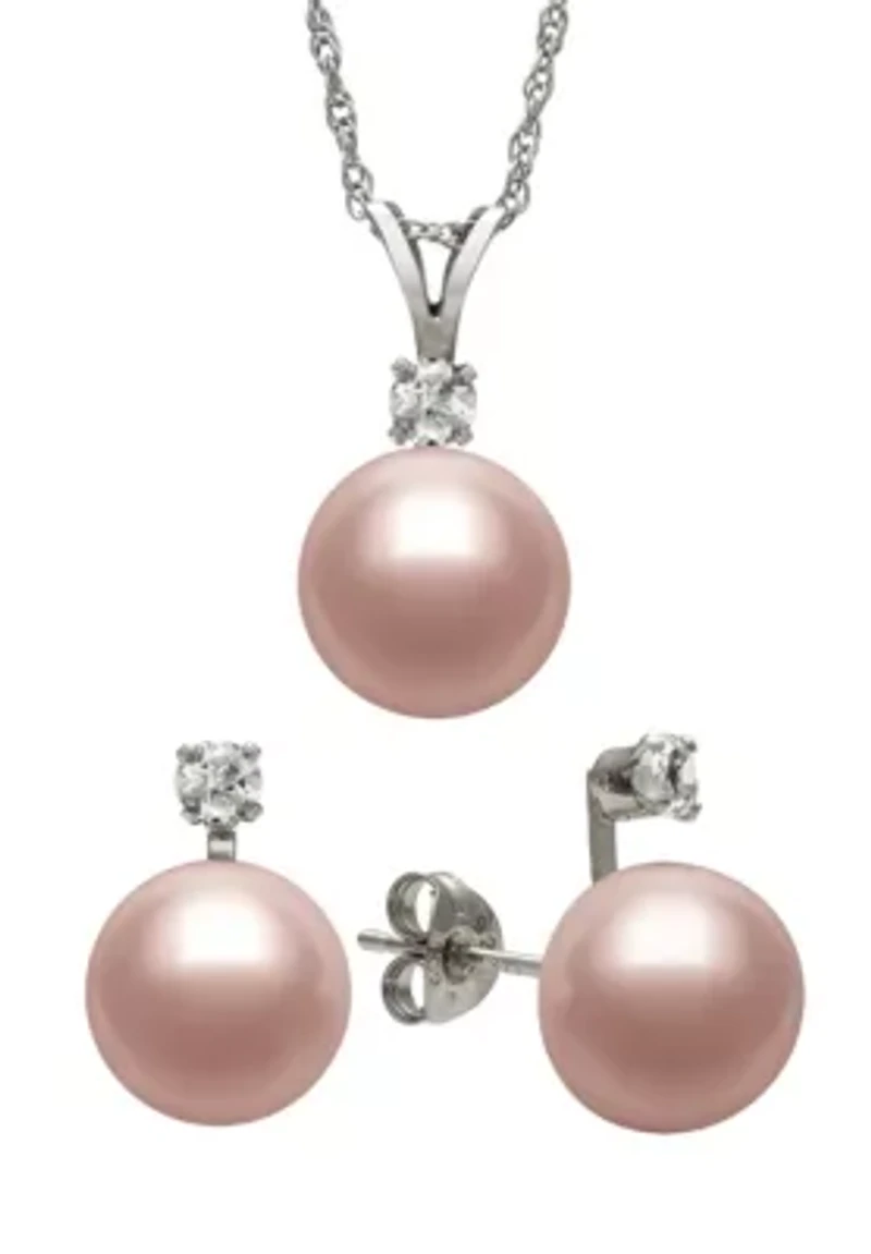 Lab Created White Topaz and Freshwater Pearl Sterling Silver Earring and Pendant Set 9–10mm