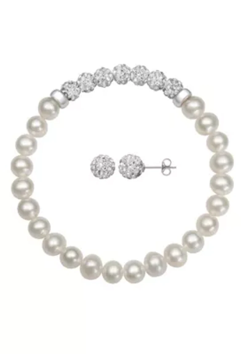 Sterling Silver Freshwater Pearl and Crystal Bracelet and Stud Earring Set