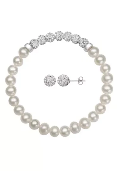 Sterling Silver Freshwater Pearl and Crystal Bracelet and Stud Earring Set