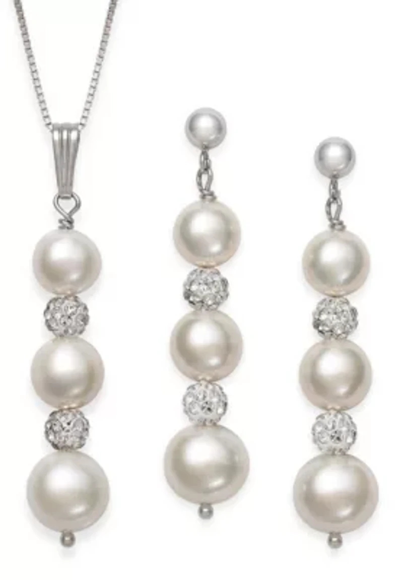 Sterling Silver Freshwater Pearl and Crystal Earring and Pendant Set