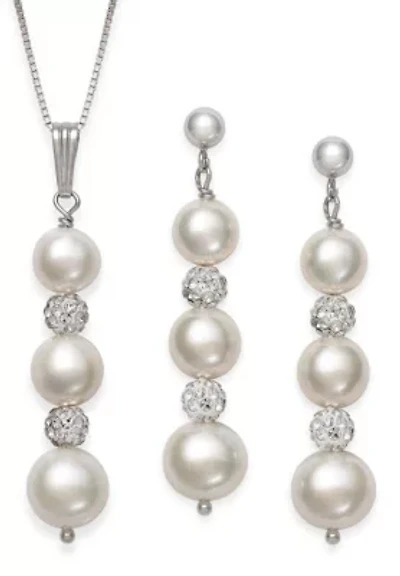 Lab Created STERLING SILVER FWP & CRYSTAL PEND AND EARR SET