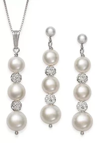 Sterling Silver Freshwater Pearl and Crystal Earring and Pendant Set