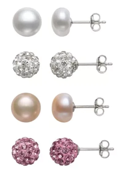 Lab Created STERLING SILVER FWP & CRYSTAL STUD SET