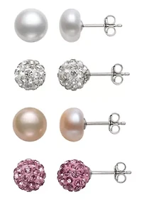 Lab Created STERLING SILVER FWP & CRYSTAL STUD SET