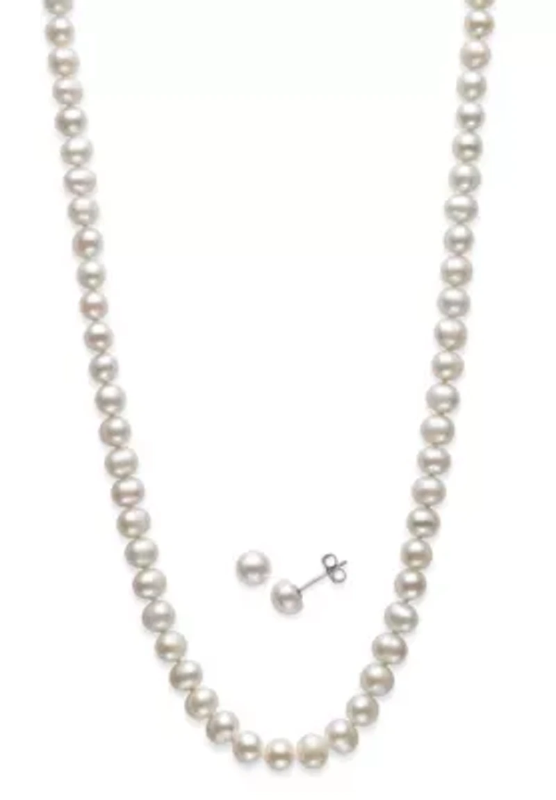 Lab Created STERLING SILVER 6MM FWP NECKLACE & STUD SET