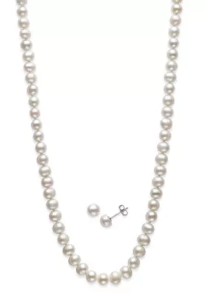 Lab Created STERLING SILVER 6MM FWP NECKLACE & STUD SET