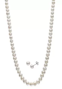 Lab Created STERLING SILVER 6MM FWP NECKLACE & STUD SET